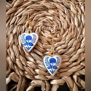 Blue Floral ceramic Heart Drop Earrings - New